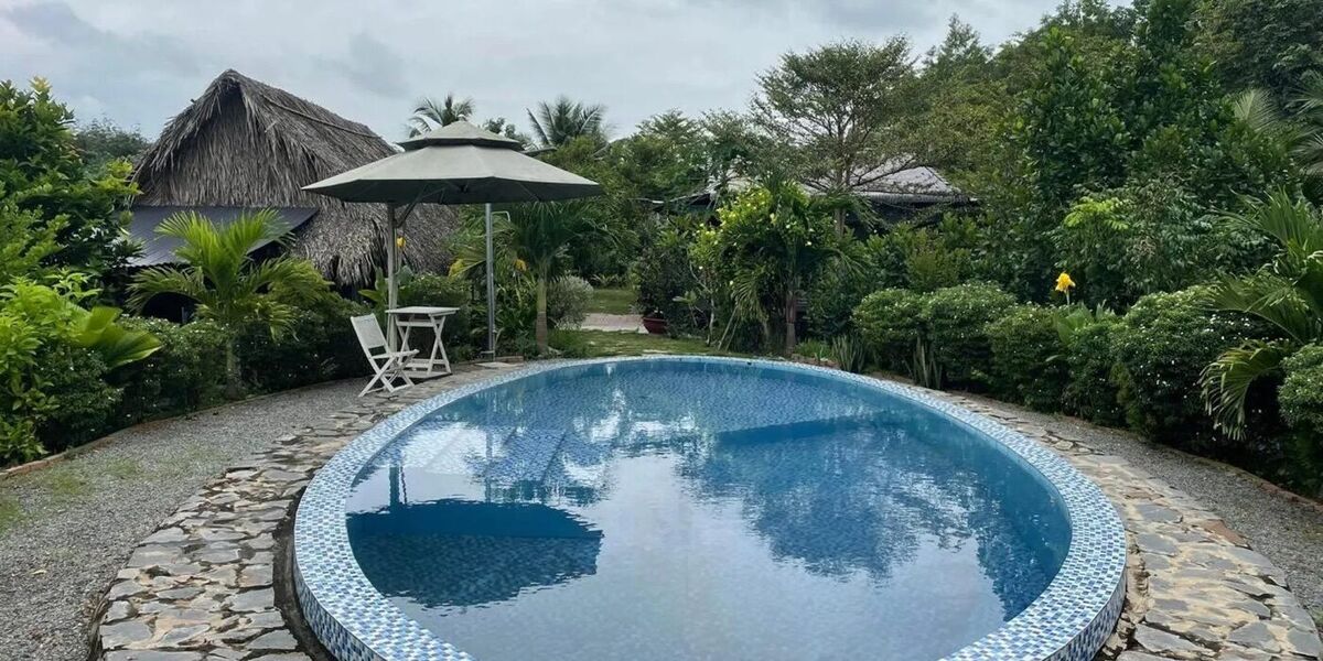 Hồ bơi ngoài trời giữa khu vườn nhiệt đới — kiểu thiết kế phổ biến ở các cơ sở lưu trú có hồ bơi tại Tây Ninh